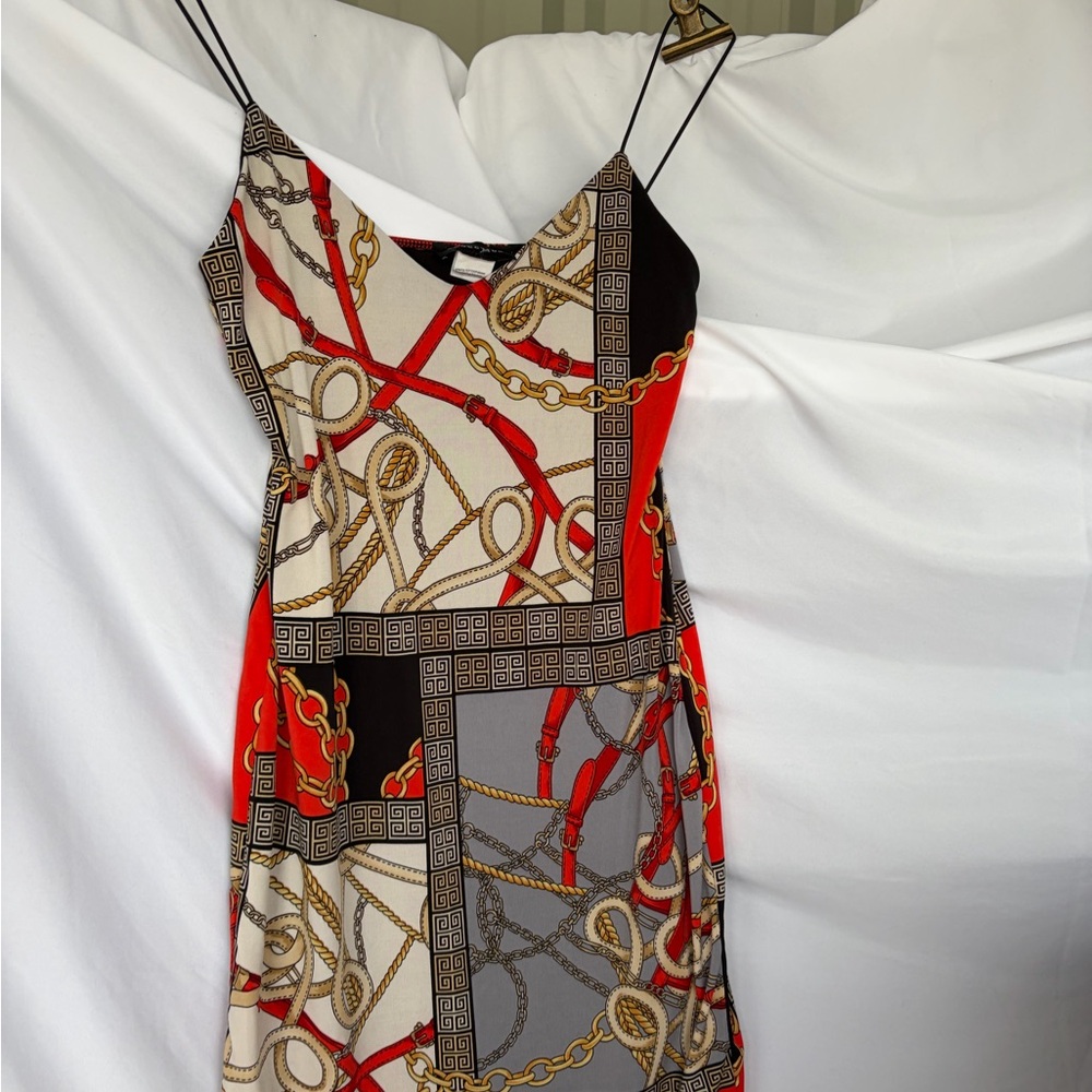 Y2K Vintage Red Chain Print Spaghetti Strap Bodycon Club Dress Seduction LG